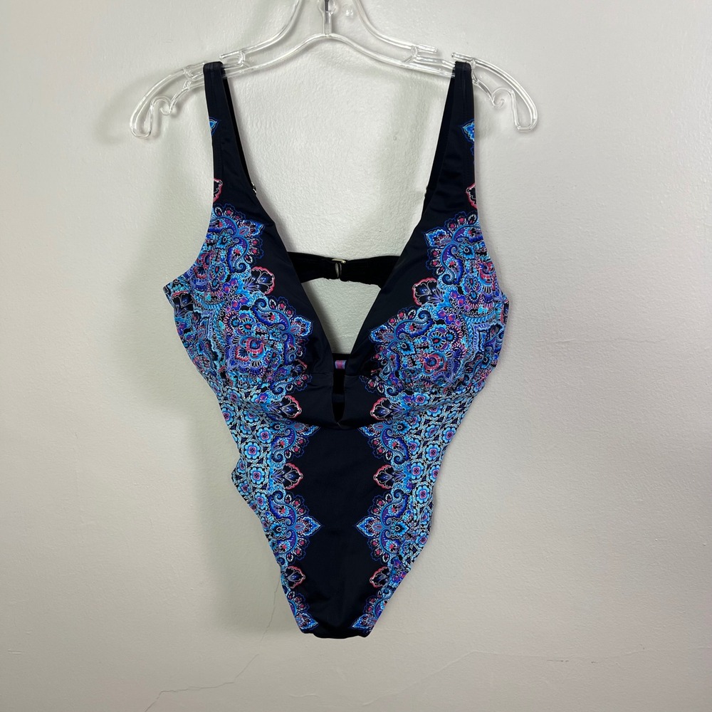 NWT - Swimsuits for All Size 12 One Piece Swimsuit Black Blue Paisley Print